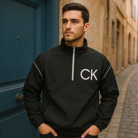 Calvin Klein Jacket Mens S Black Lightweight Windbreaker Pullover 1/4 Activewear - Picture 1 of 14